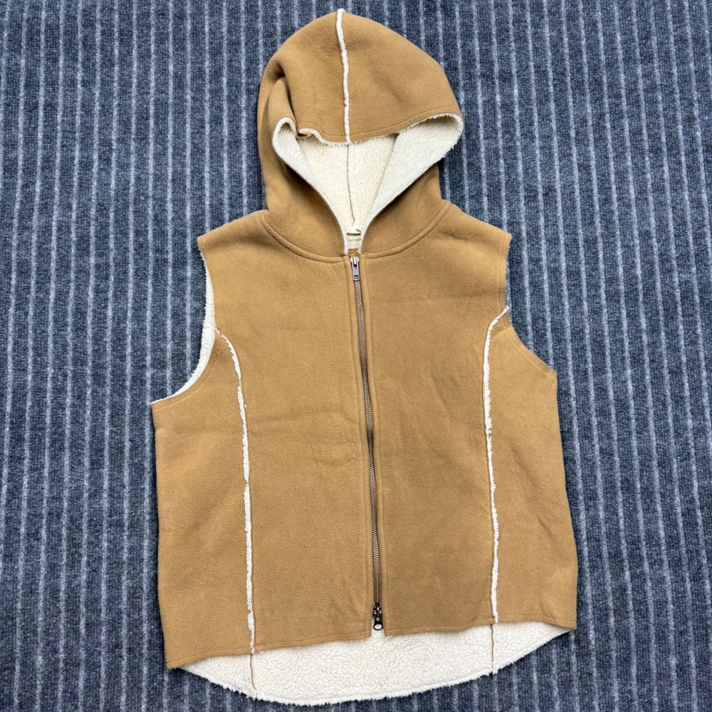 Lauren Ralph Lauren Womens Fleece Sherpa Lined Hooded Vest Size M Tan Brown Zip